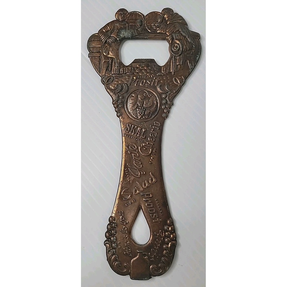 Vintage HUGE‎ Cheers Around the World Ornate Brass 8 1/2" Bottle Opener Cool